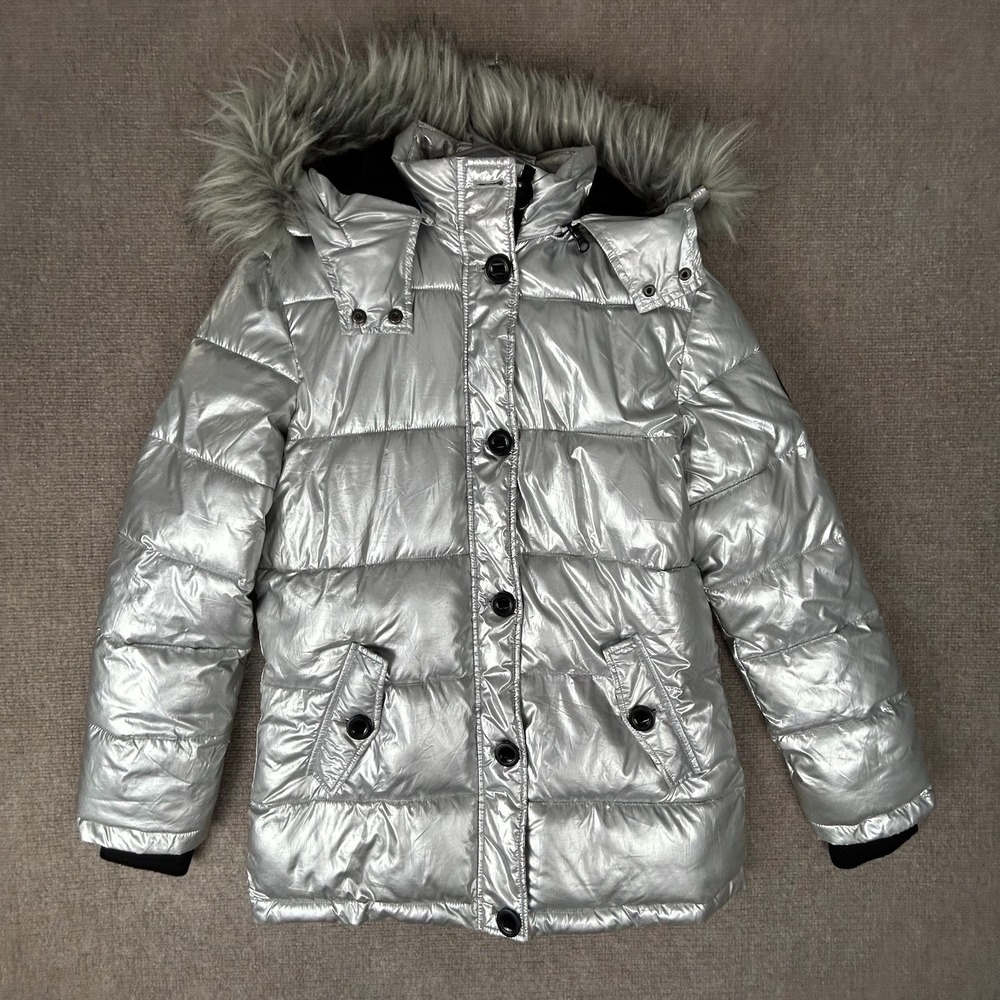 Diesel Puffer Jacket Womans 16 Silver Fleece Lined Faux Fur Hooded Full Zip